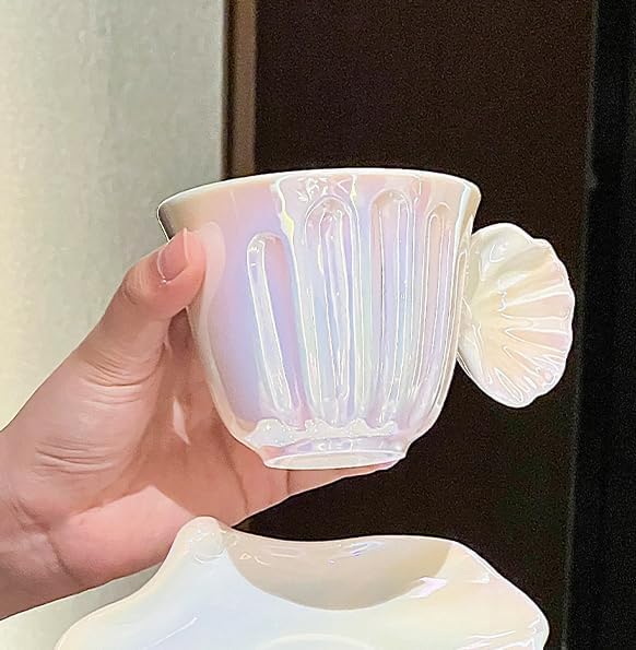 Pearl Shell Ceramic Coffee Mug with Shell Coaster Set for Tea Latte Milk Cute Cup with Saucer for Home Office Women Gift 6.5 oz (black S, 270 ml)
