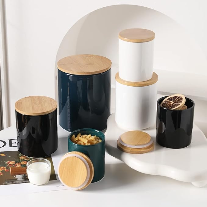 Sweejar Kitchen Canisters Ceramic Food Storage Jar Set, Stackable Containers with Airtight Seal Wooden Lid for Serving Ground Coffee, Tea, Herbs, Grains, Sugar, Salt - Set of 4 (Jade)