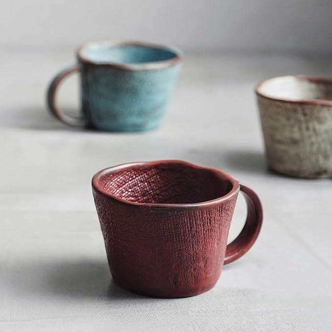2-pcs handcrafted clay water cups, couple cups, household coffee, hot tea, oatmeal, milk cups (300ML, 7 * 10cm), office retro mugs, suitable for dishwasher, microwave, oven. (beige)