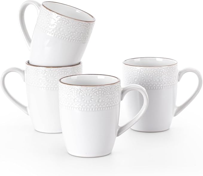 famiware Coffee Mugs Sets for 4, 12 oz Mug Set, Coffee Cups with Handle for Coffee, Tea, Cocoa and Milk, Microwave and Dishwasher Safe, White Floral