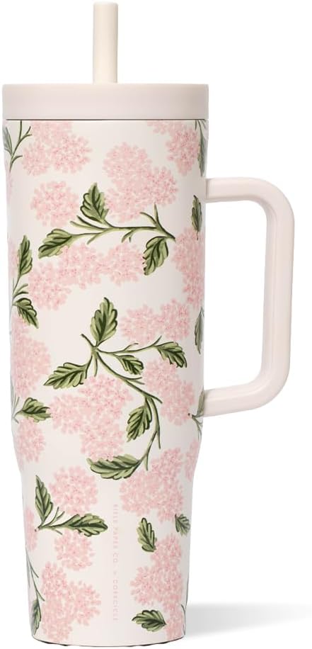 Corkcicle Cruiser Insulated Tumbler - Stainless Steel Tumbler with Handle & Straw, Leak Proof for Cold Drinks, Triple Insulated Spill Proof Cupholder Friendly, BPA-Free 40oz Rifle Paper Pink Hydrangea