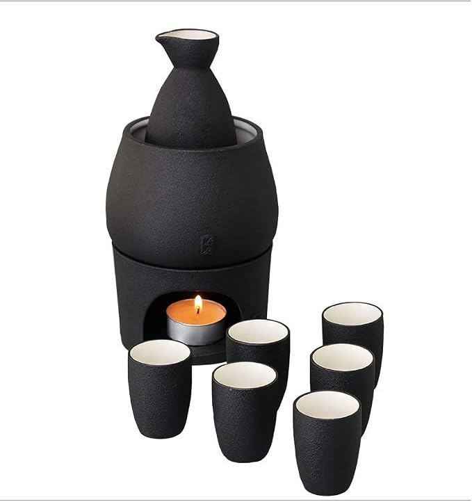 Ceramic Sake Set Cups with Warmer + Sake Saki Drink Storage Box, Porcelain Pottery Hot Cold Saki Drink, 9pcs include 1 Stove 1 Warming Bowl 1 Sake Bottle 6 Cup