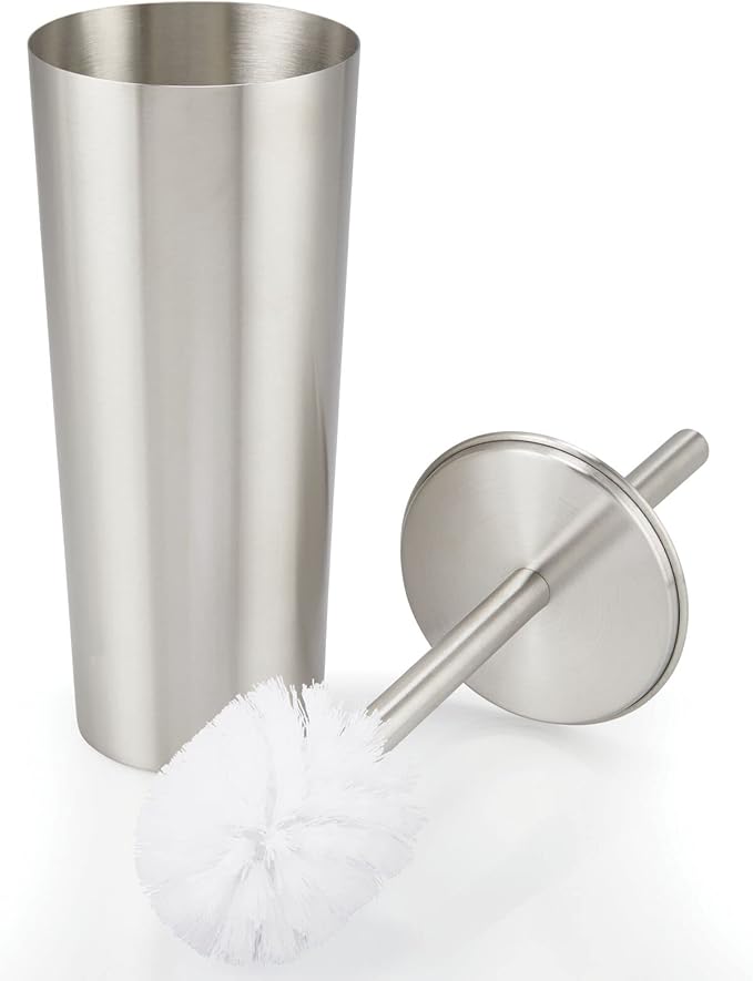 mDesign Modern Compact Freestanding MetalToilet Bowl Brush and Rectangle Open Wastebasket Garbage Can Combo Set for Bathroom Storage - Sturdy, Deep Cleaning - Set of 2 - Stainless Steel