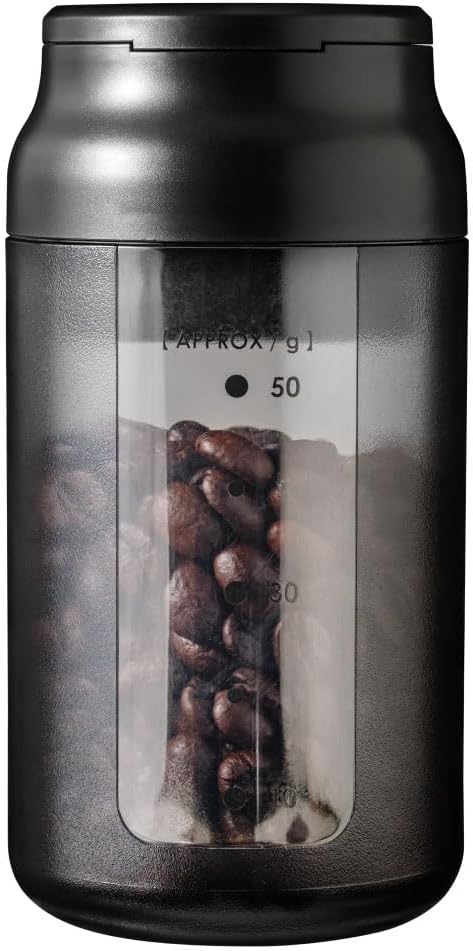 &NE NKW-375 Portable Coffee Canister, Nikii Cafe, Black, Diameter 2.4 inches (6 cm) x Height 4.8 inches (12.1 cm), 5 Cups, Made in Japan, Coffee Bean Storage Container, Compact, Tilt-Only, Measuring