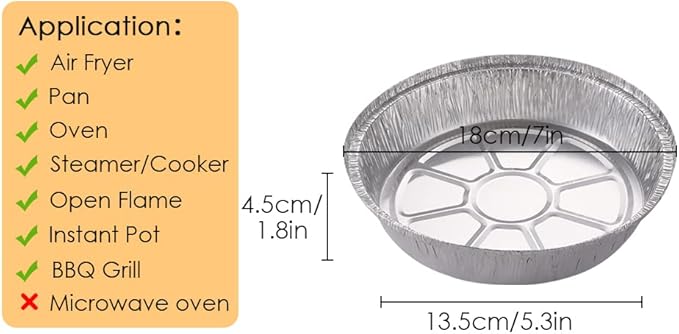 Non-Stick Round Disposable Air Fryer Aluminum Foil Liners 50PCS, Oil-Proof Aluminum Foil Tin Box Also for Steamer Basket Instant Pot Oven & Grill (7 Inch)