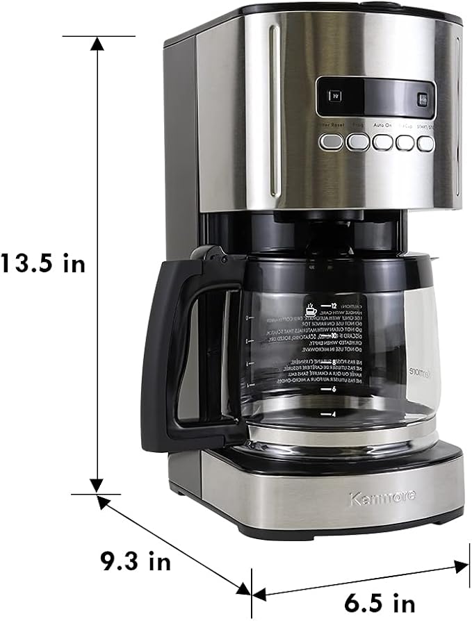 Kenmore Coffee Maker 12 cup Drip Coffee Machine Reusable Filter Programmable Timer Digital Display Aroma Control Glass Carafe Charcoal Water Filter Regular Bold Stainless Steel and Black