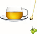 Glass Teacup and Saucer Set, Clear Coffee Mug and Saucer with Gold Stainless Steel Spoon, Teacups for Espresso Cappuccino Latte Tea Juice, 12OZ/350ml (Clear - 1 Pack)