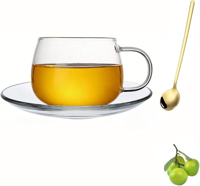 Glass Teacup and Saucer Set, Clear Coffee Mug and Saucer with Gold Stainless Steel Spoon, Teacups for Espresso Cappuccino Latte Tea Juice, 12OZ/350ml (Clear - 1 Pack)