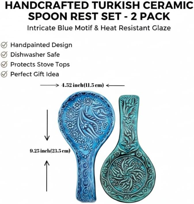 Turkish Ceramic Spoon Rest for Stove Top Set of 2-Spoon Holder for Countertop,Kitchen Decor for Counter-Handmade Dishwasher Safe
