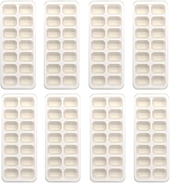 Ice Cube Tray Set (8 Pack) with Lids: Small Easy Ice Release Silicone Ice Trays with 14 cubes each, 112 ice cubes - Clean Easy, Stackable, Flexible, Multi-Use, Rectangle