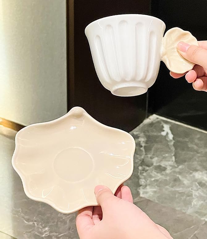 Pearl Shell Ceramic Coffee Mug with Shell Coaster Set for Tea Latte Milk Cute Cup with Saucer for Home Office Women Gift 6.5 oz (black S, 270 ml)