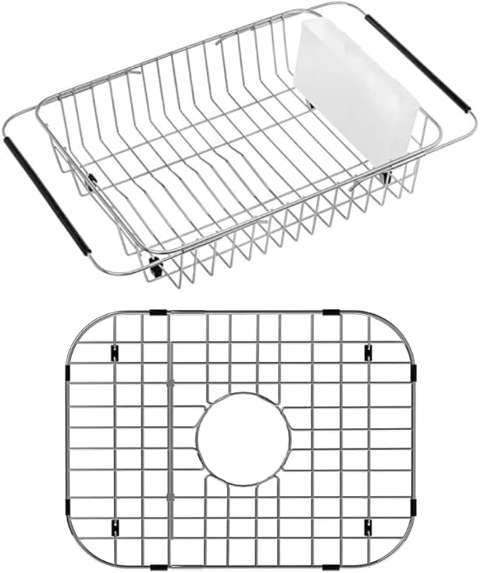 SANNO Dish Drying Rack, Expandable Dish Drainer Over Sink Kitchen Sink Grate Sink Protector for Kitchen Organization Stainless Steel