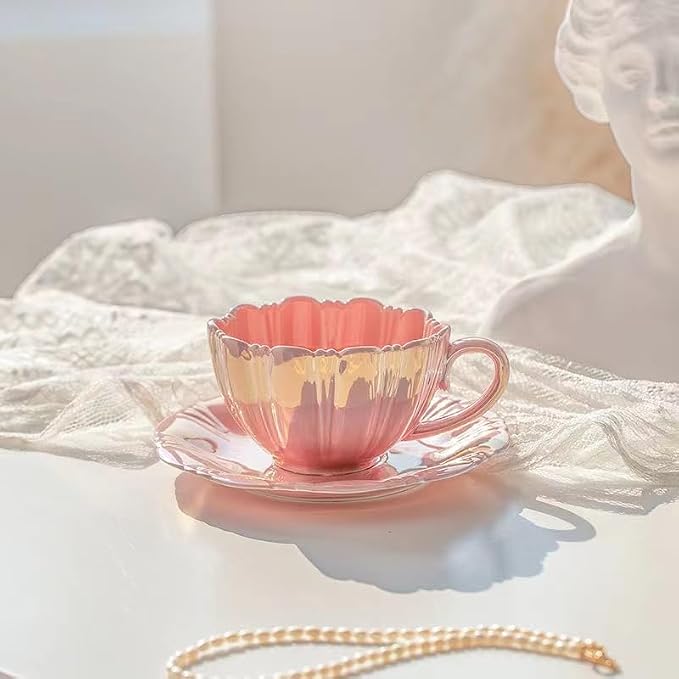 Pearl Shell Ceramic Coffee Mug with Shell Coaster Set for Tea Latte Milk Cute Cup with Saucer for Home Office Women Gift 6.5 oz (petal beige, 240 ml)
