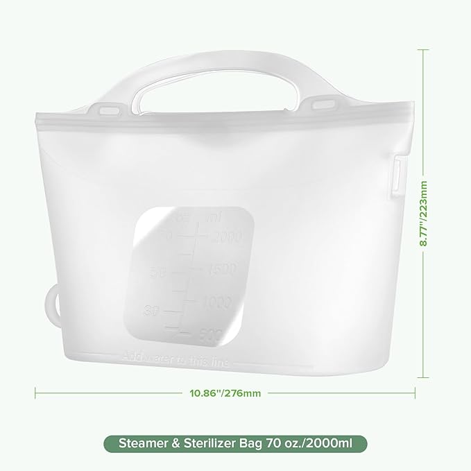 Haakaa Silicone Microwave Steamer & Steriliser Bag, 70oz/2000ml Large Capacity Reusable Steaming Bags for Baby Bottles,Breast Pump,Accessories,Pacifiers,Teethers, Great for Home&On The Go,Frosted /1PC