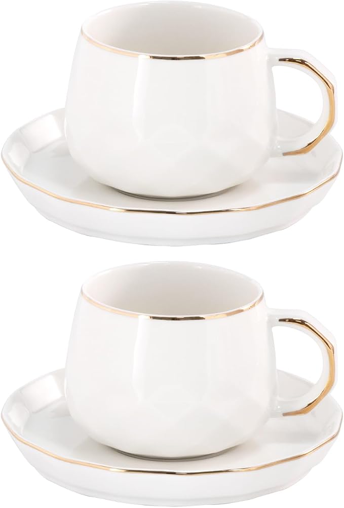 KAMMAK Tea Cups and Saucers Set of 2, 7.1oz Porcelain Coffee Cups with Saucers, Ceramic Espresso Mugs for Coffee, Latte, Americano, Tea, Elegant Teacup and Saucer (YFH5)