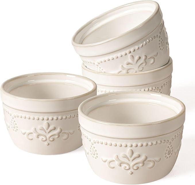 Artena Ramekins Oven Safe, Creme Brulee Ramekins, Embossed White Ceramic Ramiken, Souffle Pudding Custard Cups, Baking Dish, Dipping Bowls, Sauce Cups, Set Of 4 (4 oz, Damask Floral)