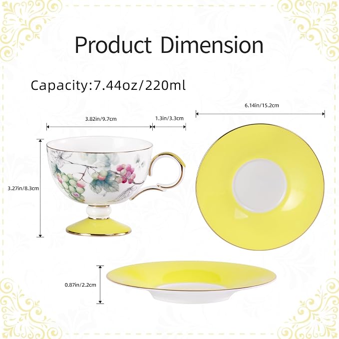 KAMMAK Ceramic Coffee Cups Saucers Set of 2, Porcelain Espresso Cups with Saucers, 7.44 oz Handcrafted Elegant Bone China Tea Cups, Grape & Blueberry Pattern Teacup for Party, Office, Women Gift
