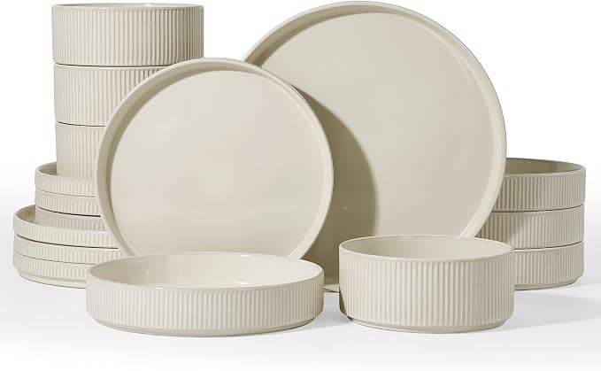 Famiware Star 16-Piece Stoneware Dinnerware Set for 4 – Shallow Pasta Bowls & Flat Plates – Modern Rustic Dishes, Everyday & Formal Use – Chip & Scratch Resistant, Microwave & Dishwasher Safe, Oat