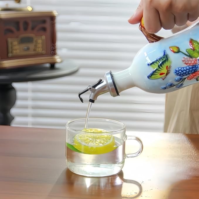 18.26oz/540ml Decorative Olive Oil Dispenser Bottle for Kitchen,Hand Painted Relief Ceramic Olive Oil Bottle,Ceramic Oil Container (B-Butterfly Love Flower)
