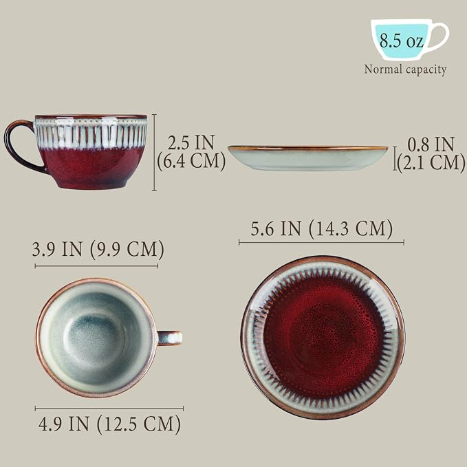Cappuccino cup with tray, 8.5 oz. Set of 4 Ceramic Coffee Cups and Saucer Set for Latte, latte art cup, suitable for latte/cappuccino/milk/tea