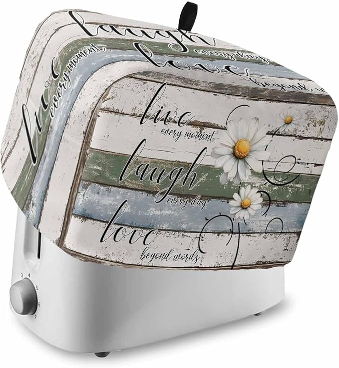 White Green Blue Toaster Cover 4 Slice, Vintage Wooden Rustic Dustproof Bakeware Oven Protector with Top Hook, White Daisy Floral Waterproof Small Kitchen Appliance Toasters Dust Cover, 12"x11"x8"