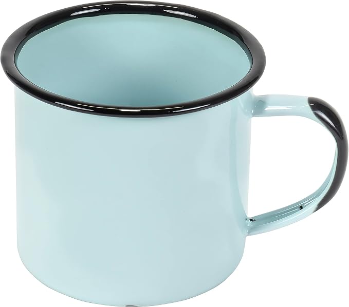 Red Co. Set of 6 Enamelware Metal Medium Classic 12 Oz Round Coffee and Tea Mug with Handle, Distressed Aqua/Black Rim