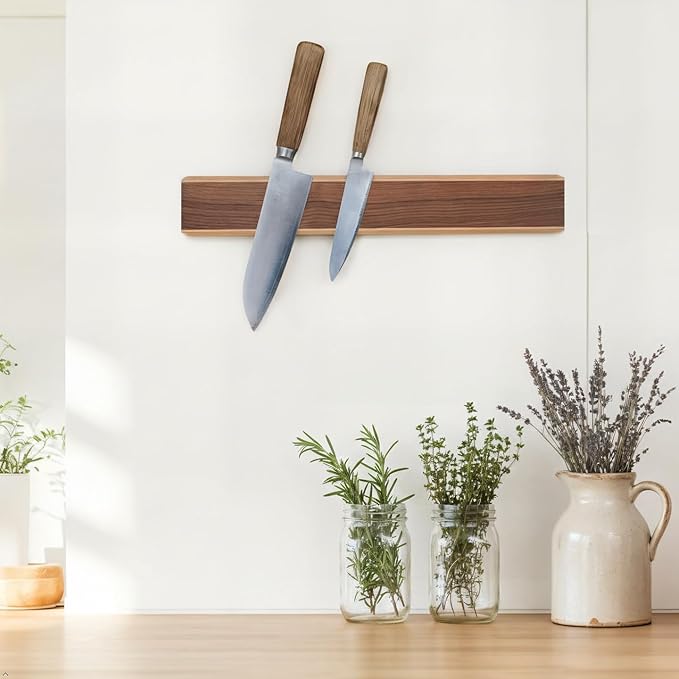Magnetic Knife Strips for Wall, Solid Wood Knife Magnetic Holder, No-Drill 3-Way Mount & 3M Adhesive Strips, (Walnut Wood, 16 Inches)