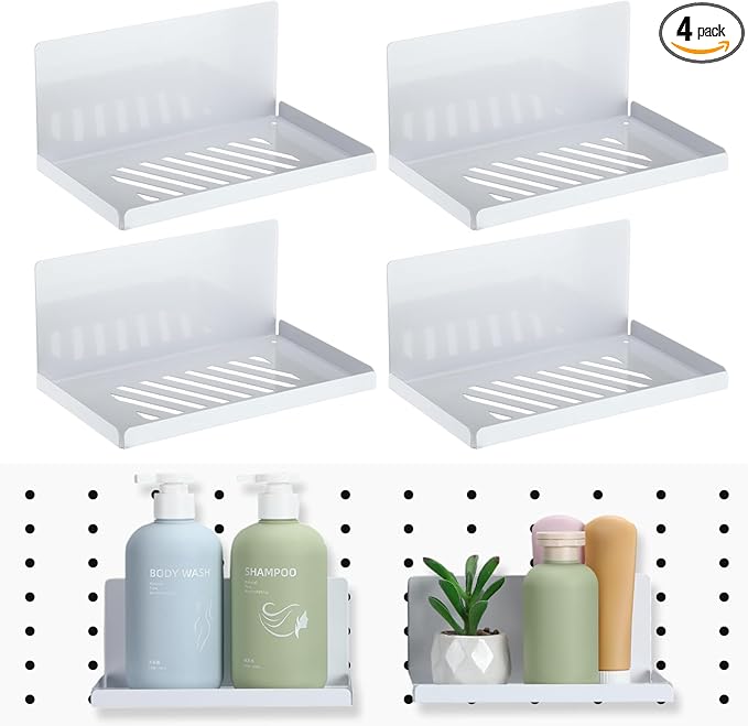 Therwen 4 Pack Magnetic Pegboard Shelves Wall Organizer Metal Pegboard Shelf Steel Tray Accessories Organizing Tools for Craft Home Kitchen(8 x 4.7 x 3.5 Inches,White)