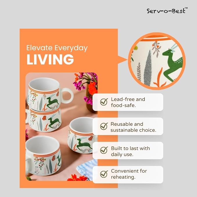 Servo Best Handmade Cermaic Tea Cup Set of 4-5 Oz Small Cups for Espresso, Cappuccino, Tea, Chai – Dishwasher & Microwave Safe – Gift Set for Coffee Lovers, Kitchen, Home, Office - Multicolor Jungle