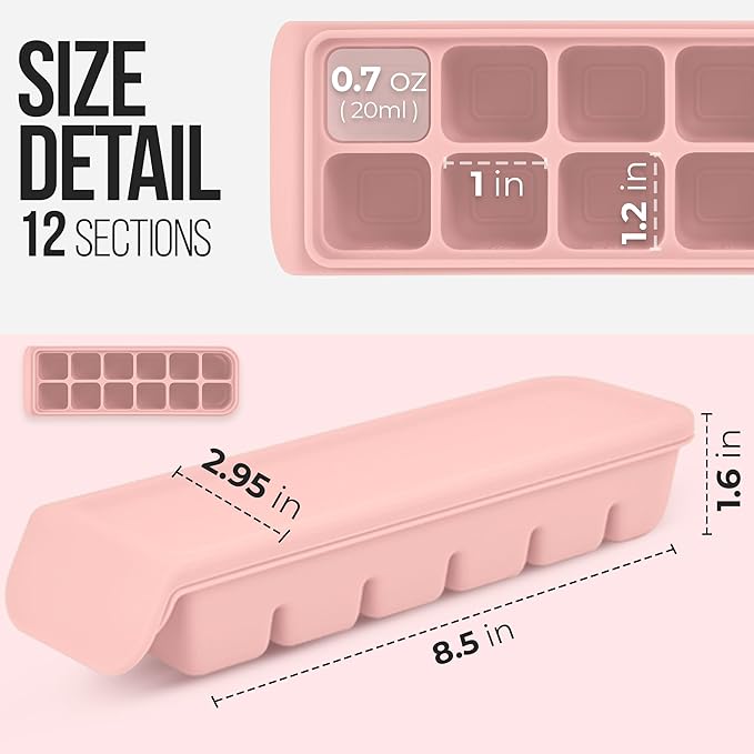 0.7 oz/12 Sections Silicone Ice Cube Freezer Tray with Lid, 100% Food-Grade Platinum Silicone,Leak Resistance & Dishwasher Safe for Baby Food Prep,Breast Milk,Purees - Korean Made, Pastel Pink