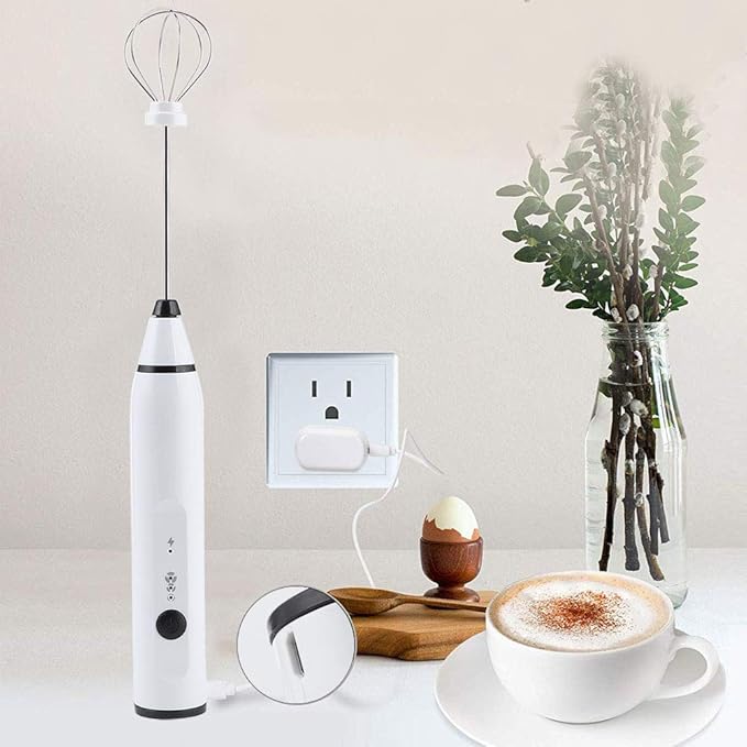 Rechargeable Electric Milk Frother, 3 - Speed Handheld Coffee Mixer with USB Charging, Includes Balloon Whisk for Latte Art, Egg Beating, and Sauce Mixing (White)