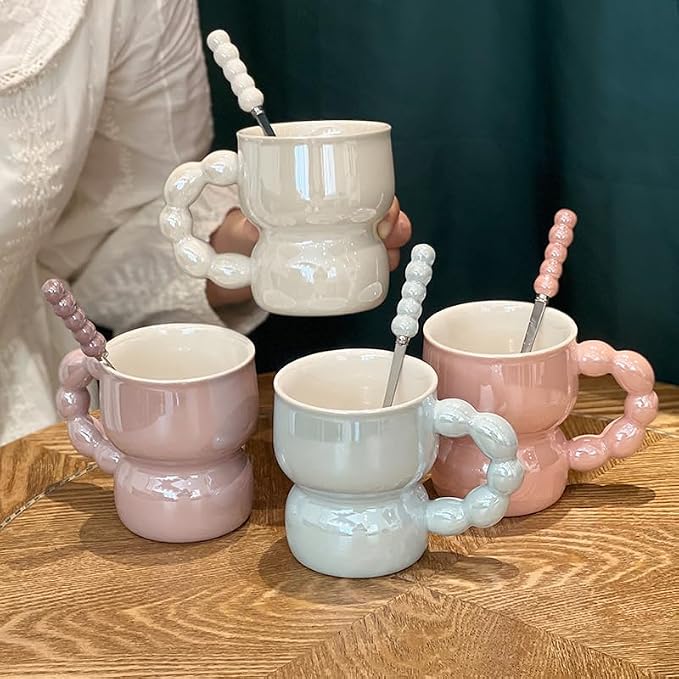 Pearl Ceramic Coffee Mug for Tea Latte Milk Cute Love Shape Cup for Home Office Women Gift 6.5 oz (Pearl Blue 2, 300 ml)