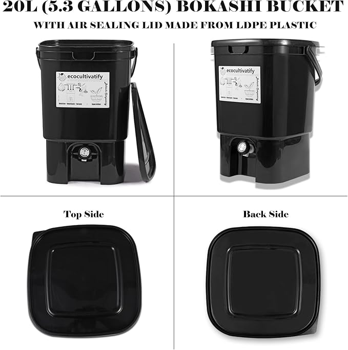 20L Bokashi Compost Bin, 5.28 Gallon Compost Bin for Kitchen Composter with Lid, Bokashi Start Kit with Bran (Tan & Dark Green) (20L/5.28GAL Black)