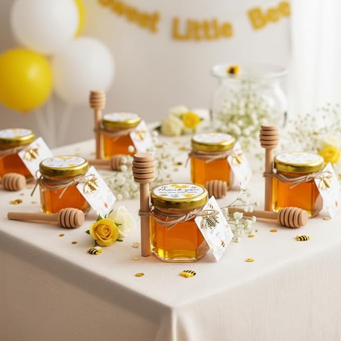 Adabocute Honey Pot, Mini Honey Jars with Wood Dipper, Gold Lid, Bee Pendants, Beige Gift Bags, Thanks for Beeing Here Tags, Mini Honey Jars for Baby Shower Favors Wedding Favors, 60 Pack