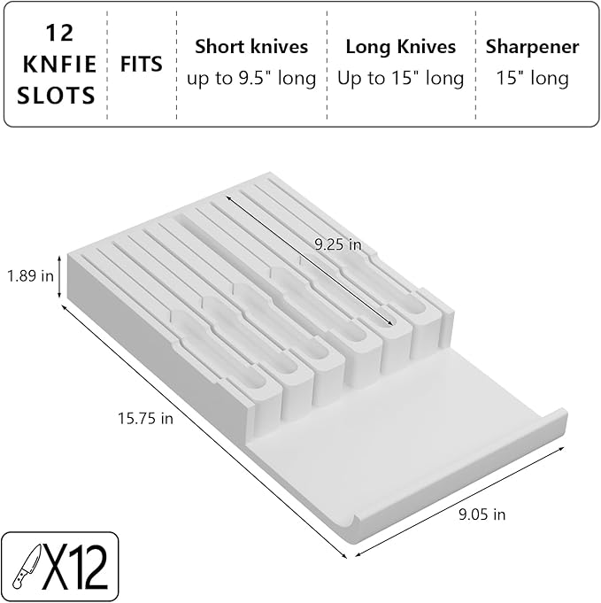 Domax Bamboo In-drawer Knife Block - Kitchen Knife Drawer Organizer Insert, Steak Knife Holder Without Knives, Drawer Knife Organizer Fits for 12 knives and 1 Sharpening Steel (Not Included), White