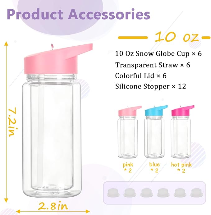 6 Pack 10 Oz Plastic Snow Globe Tumbler for Kids with Pre-Drilled Hole and Plug, Leak Proof Double Wall Snow Globe Sports Water Bottles with Portable Handle for Glitter DIY Gift, Mixed Color