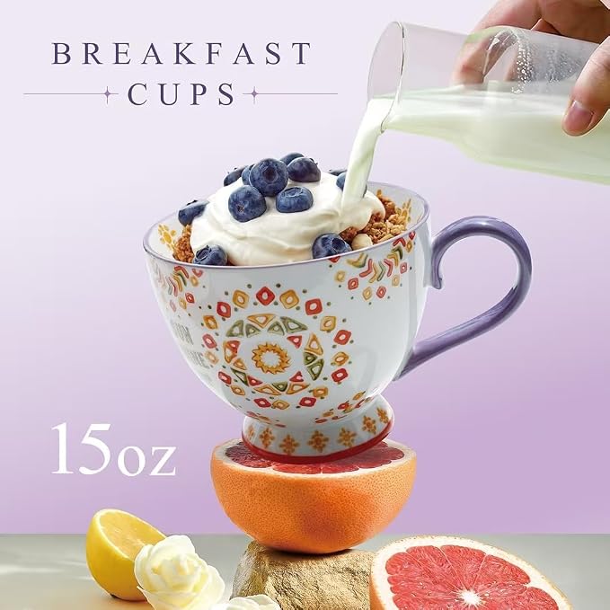 Large Ceramic Coffee Mugs Set of 2,15 oz Stoneware Coffee Cups with 2 Saucers,Underglaze Hand-Painted Cup For Coffee/Cereal/Beer,Festivals and Housewarming Gifts For Family And Friends | Bohemian Hand-Painted Cup for Latte, Tea, Espresso, Microwave & D...