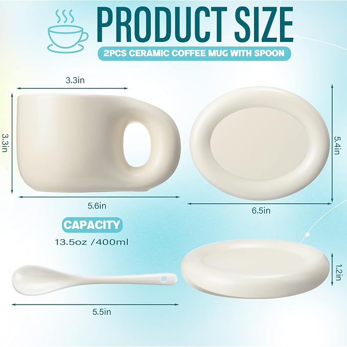 Lallisa 2 Pieces 13.5 oz Ceramic Coffee Mug Cute Fat Handle Cup with 2 Pcs Matching Saucer and 2 Pcs Spoons Espresso Chubby Mug for Milk Latte Tea Cafe, Dishwasher and Microwave Safe (Beige)