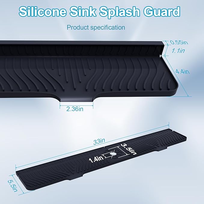 Derlights 33 inch Sink Splash Guard Mat, Silicone Faucet Handle Drip Catcher Tray, Longer Silicone Sink Mat for KitchenBathroom, Drip Protector Splash Countertop (Black)