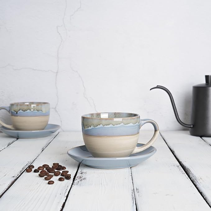 Bosmarlin Ceramic Cappuccino Cup and Saucer Set of 2, 10 Oz, Coffee Cups for Latte, Espresso, Tea, Dishwasher and Microwave Safe, Reavtive Glaze (Light Blue)
