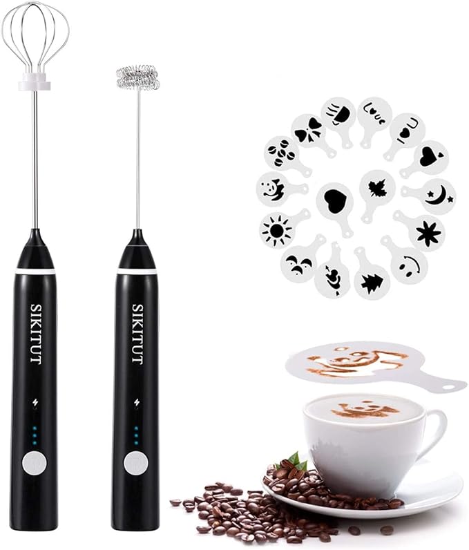 Rechargeable Milk Frother, Electric Foam Maker with 2 Stainless Steel Whisks, for Dalgona Coffee Latte Cappuccino Egg Mix and More, Bonus Extra 16 Pcs Art Stencils