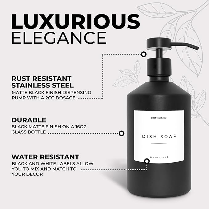 Luxury Glass Soap Dispenser Set of 2 - Elegant Black Glass Bottles with Matte Black Pumps, Ideal for Kitchen and Bathroom for Hand and Dish Soaps
