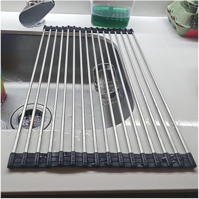 Over The Sink Roll Up Dish Drying Rack for Kitchen Counter, Folding Rolling Dish Over Sink Mat, Foldable Drainer Stainless Steel Rack Kitchen Organization(Black,47x35cm/18.5x13.8in)