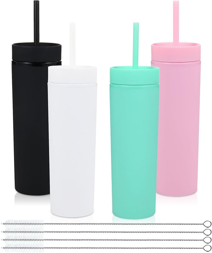 Volhoply 16oz Plastic Skinny Tumbler With Lid and Straw Bulk 4 Pack,Insulated Double Wall BPA Free Matte Acrylic Tumblers,Iced Coffee Mug Reusable Party Cup,Customizable Diy Gifts(Assort color,4 Set)
