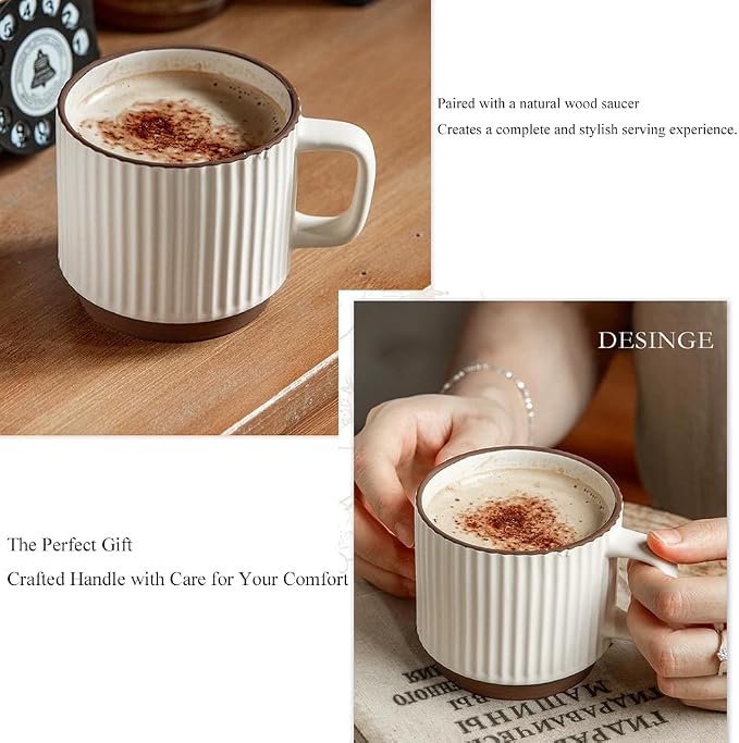 Artisanal Ceramic Mug & Walnut Saucer Set for Coffee Latte, Cappuccino Espresso Tea - 8.3oz/250ml Textured Coffee Cup with Wood Saucer, Dishwasher & Microwave Safe Gift