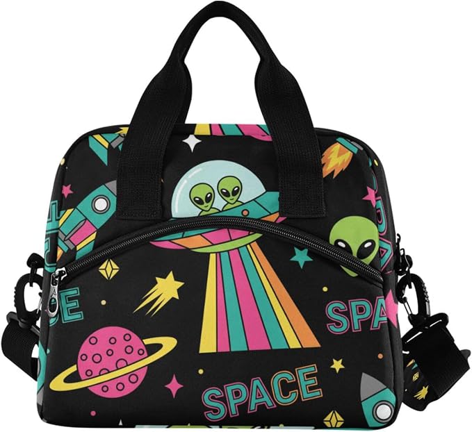 OREZI Insulated Lunch Tote Bag for Adult Men Women,UFO Aliens Spaceship Planet Kid's School Lunchbox with Detachable Shoulder Strap for School Office Fishing