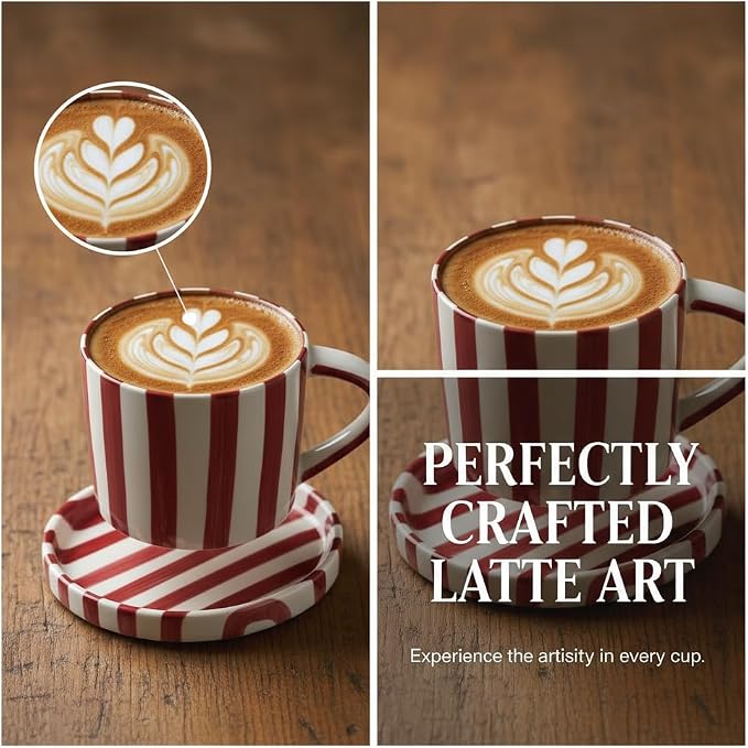 Festive Red and White Striped Ceramic Coffee Mug and Saucer Set, 200ml Latte & Tea Cup Gift for Holidays (Black)