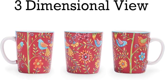 Bico Red Spring Birds Ceramic Coffee Mugs Set of 4, 18 oz Large Tea Cups with Handle, Aesthetic Latte Mugs for Cappuccino Cocoa, Lead-Free, Dishwasher and Microwave Safe, Housewarming Gift