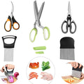 5-Blade Herb Scissors, Kitchen Shears, Seafood Scissors, Onion Holder Slicer and Potato Crinkle Cutter, yamesu Kitchen Gadget Salad Herb Tools 5 Sets