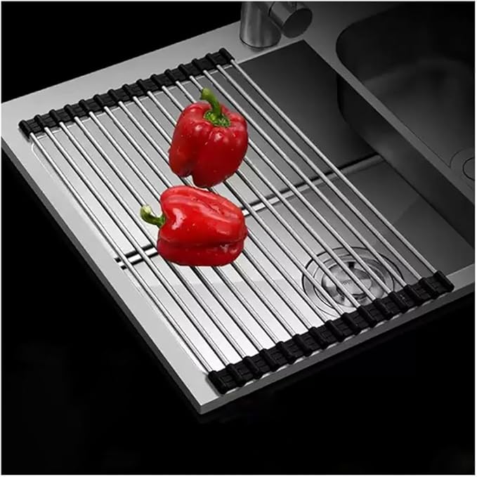 Roll-UP Dish Drying Rack, Stainless Steel Dish Drainer Over The Sink for Kitchen Countertop, Foldable Rollable Kitchen Sink Rack 14.6”to 18.5”(Black,43x24cm/16.9x9.4in)